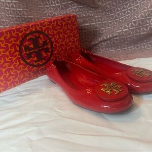 Tory Burch Vibrant Red Flats with Gold Logo